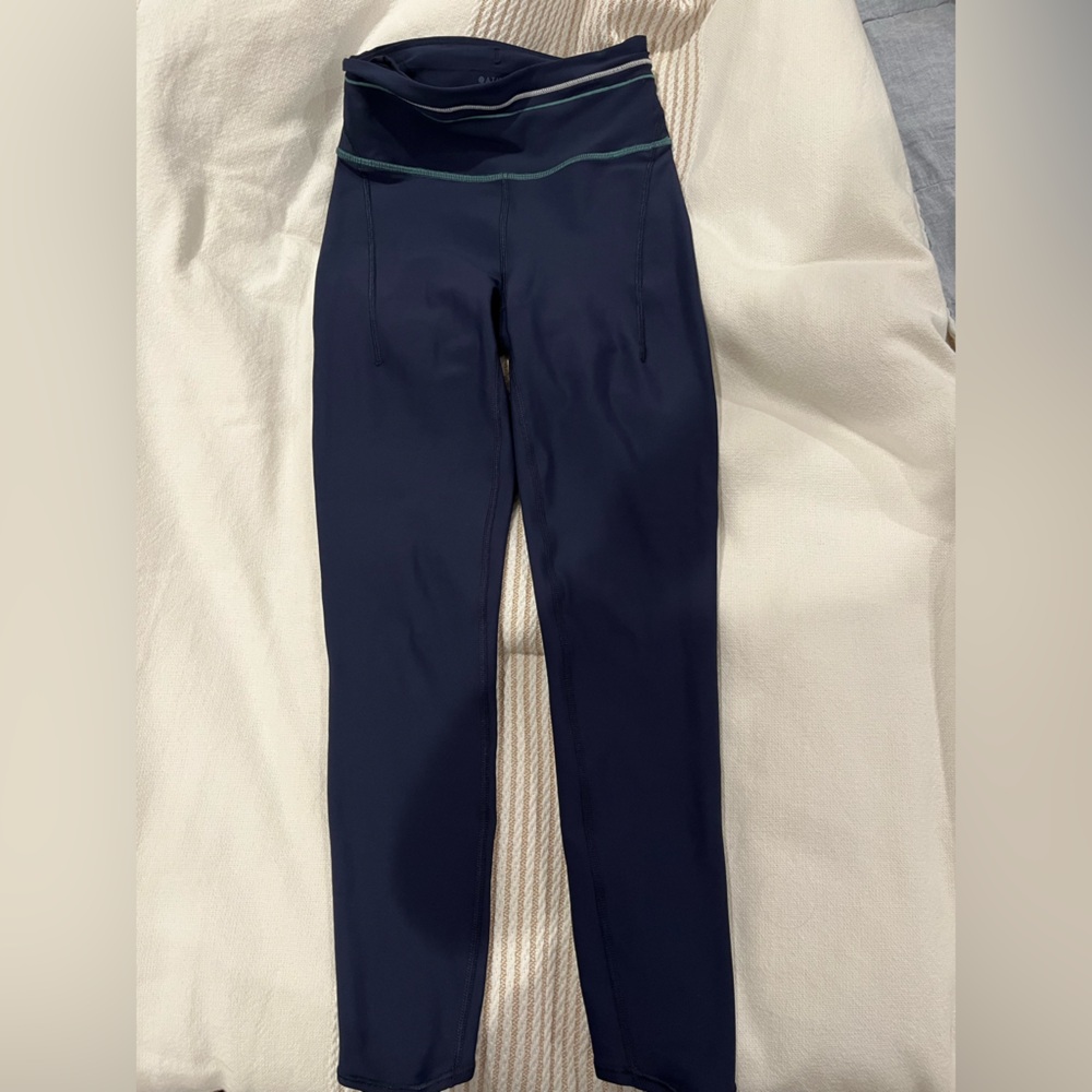 Athleta Dark Blue Leggings with Green Accent